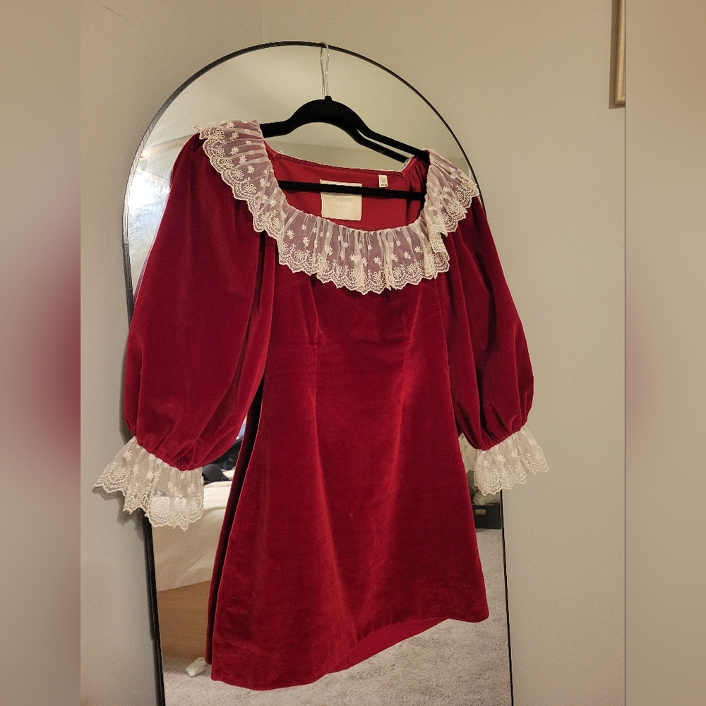 Doen Heirloom Red Velvet Mini Dress with Lace Trim - Picture 2 of 11